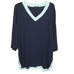 (L17) Navy with Cream Contrast Deep V Neck 3/4 Sleeve Jersey Tunic 4X